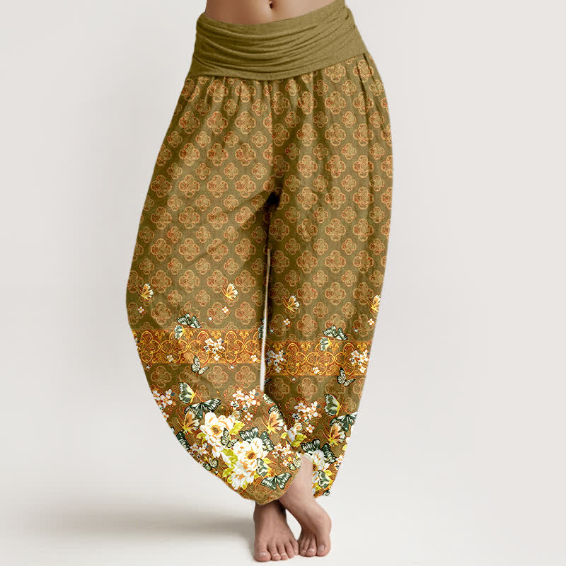 Buddha Stones Pantalones harem de mujer con cintura elástica y estampado floral bohemio de algodón puro. - Aceituna - US16，UK/AU20，EU48 (3XL) - image 8