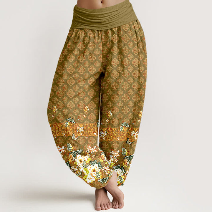 Buddha Stones Pantalones harem de mujer con cintura elástica y estampado floral bohemio de algodón puro. - Aceituna - US16，UK/AU20，EU48 (3XL) - image 8