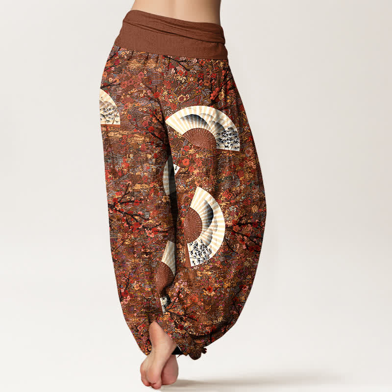 Buddha Stones Pantalones harem de mujer con cintura elástica, de algodón suave y caída fluida, color marfil y estampado de abanicos. - image 1