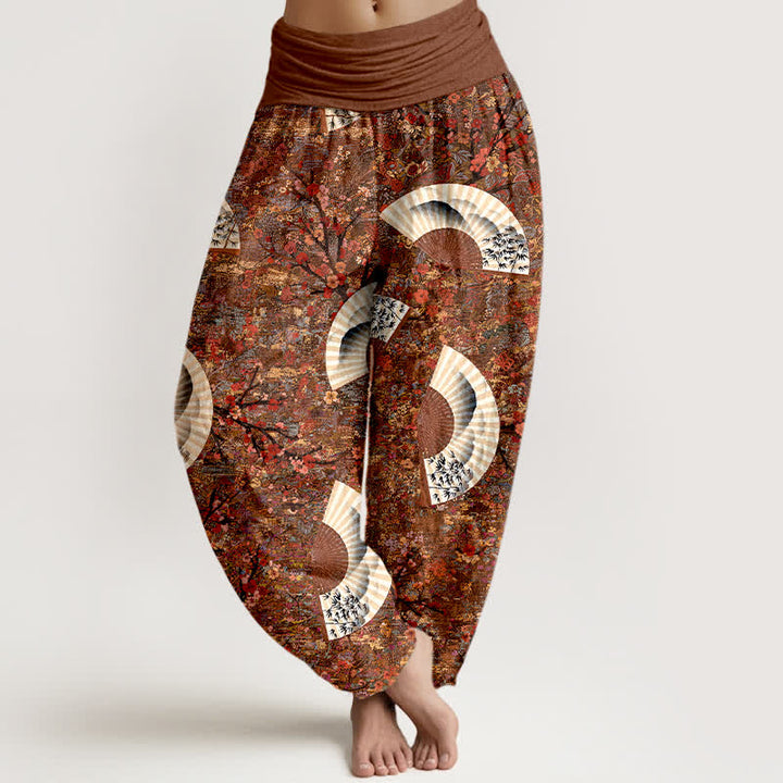 Buddha Stones Pantalones harem de mujer con cintura elástica, de algodón suave y caída fluida, color marfil y estampado de abanicos. - Tierra de siena - US16，UK/AU20，EU48 (3XL) - image 0
