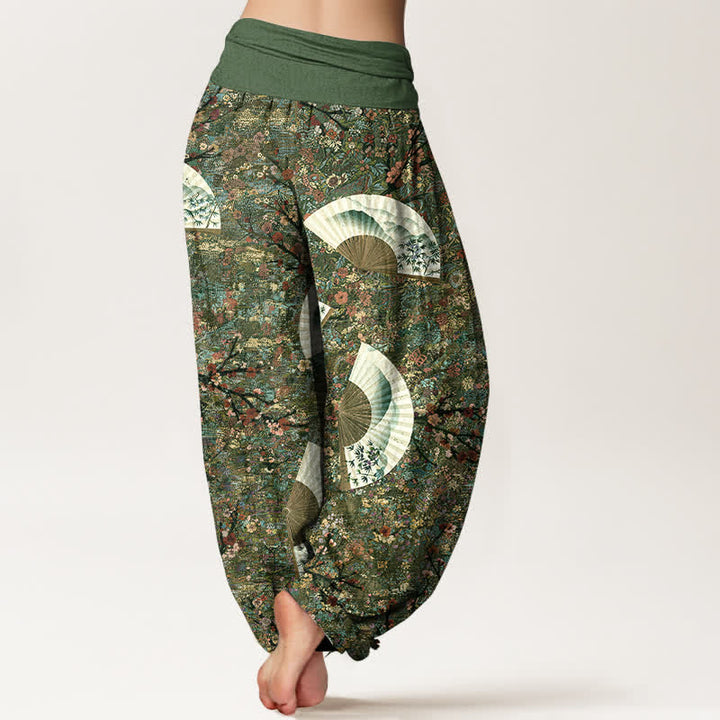 Buddha Stones Pantalones harem de mujer con cintura elástica, de algodón suave y caída fluida, color marfil y estampado de abanicos. - image 6