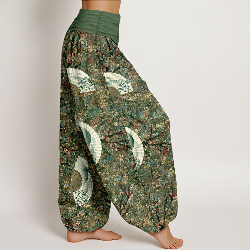 Buddha Stones Pantalones harem de mujer con cintura elástica, de algodón suave y caída fluida, color marfil y estampado de abanicos. - image 7