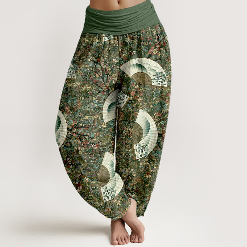 Buddha Stones Pantalones harem de mujer con cintura elástica, de algodón suave y caída fluida, color marfil y estampado de abanicos. - Verde oliva oscuro - US16，UK/AU20，EU48 (3XL) - image 5