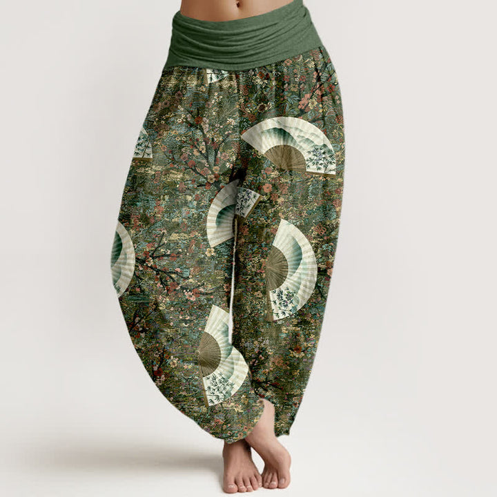 Buddha Stones Pantalones harem de mujer con cintura elástica, de algodón suave y caída fluida, color marfil y estampado de abanicos. - Verde oliva oscuro - US16，UK/AU20，EU48 (3XL) - image 5