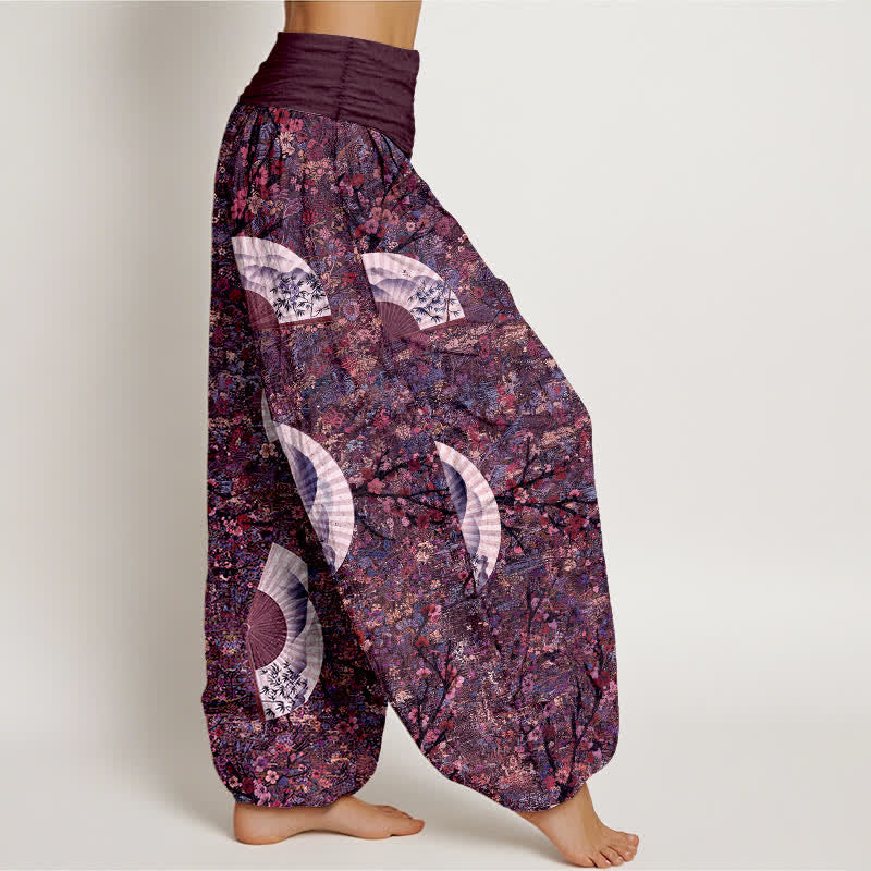 Buddha Stones Pantalones harem de mujer con cintura elástica, de algodón suave y caída fluida, color marfil y estampado de abanicos. - image 10