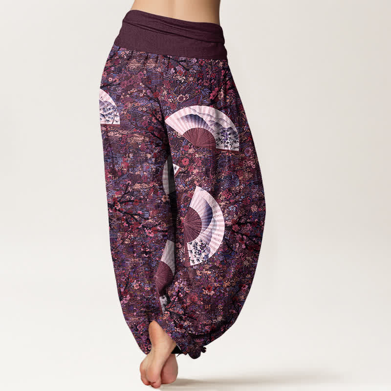 Buddha Stones Pantalones harem de mujer con cintura elástica, de algodón suave y caída fluida, color marfil y estampado de abanicos. - image 9