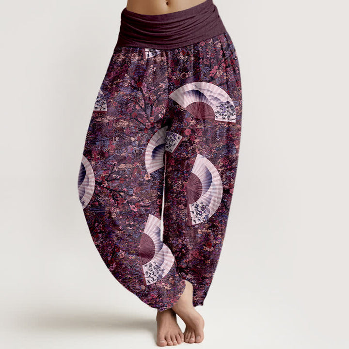 Buddha Stones Pantalones harem de mujer con cintura elástica, de algodón suave y caída fluida, color marfil y estampado de abanicos. - Magenta oscuro - US16，UK/AU20，EU48 (3XL) - image 8