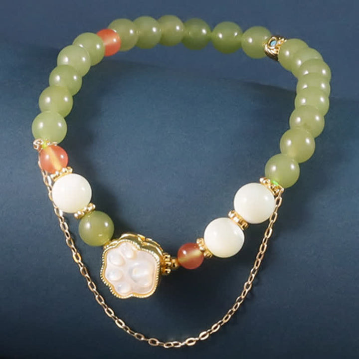Buddha Stones Pulsera de la prosperidad con diseño de huella de gato y piedra Tridacna de jade Hetian natural - Huella de gato (circunferencia de la muñeca: 14-15 cm) - image 0