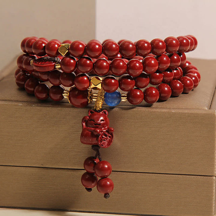 Buddha Stones Mala tibetana de 108 cuentas con cinabrio y el carácter del gato de la suerte Fu para la fortuna - image 2