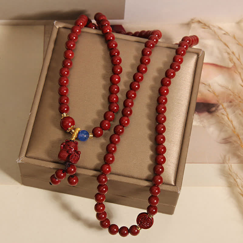 Buddha Stones Mala tibetana de 108 cuentas con cinabrio y el carácter del gato de la suerte Fu para la fortuna - image 4