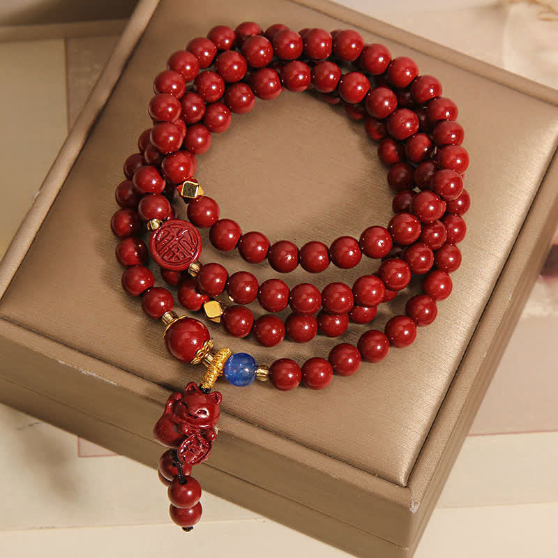 Buddha Stones Mala tibetana de 108 cuentas con cinabrio y el carácter del gato de la suerte Fu para la fortuna - image 1