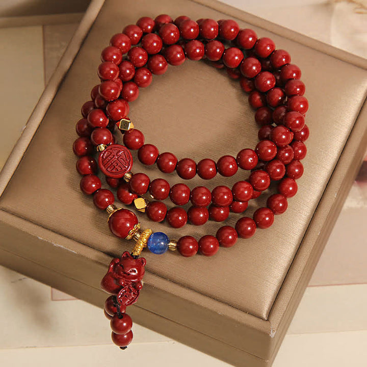 Buddha Stones Mala tibetana de 108 cuentas con cinabrio y el carácter del gato de la suerte Fu para la fortuna - image 1