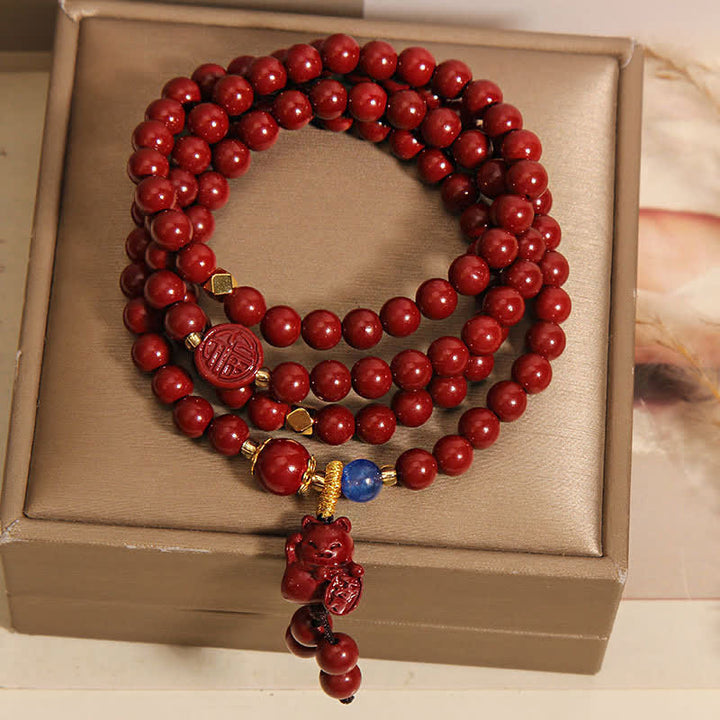 Buddha Stones Mala tibetana de 108 cuentas con cinabrio y el carácter del gato de la suerte Fu para la fortuna - image 3