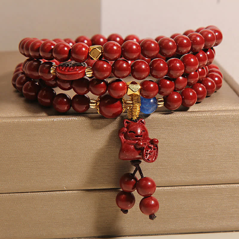 Buddha Stones Mala tibetana de 108 cuentas con cinabrio y el carácter del gato de la suerte Fu para la fortuna - image 7