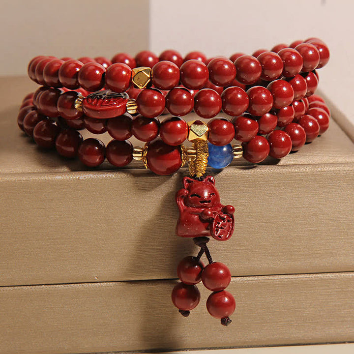 Buddha Stones Mala tibetana de 108 cuentas con cinabrio y el carácter del gato de la suerte Fu para la fortuna - image 7