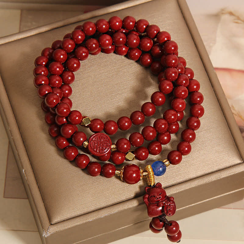 Buddha Stones Mala tibetana de 108 cuentas con cinabrio y el carácter del gato de la suerte Fu para la fortuna - image 8