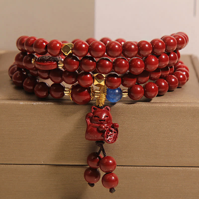 Buddha Stones Mala tibetana de 108 cuentas con cinabrio y el carácter del gato de la suerte Fu para la fortuna - Cinabrio (Circunferencia de la muñeca: 16-18 cm) - image 0