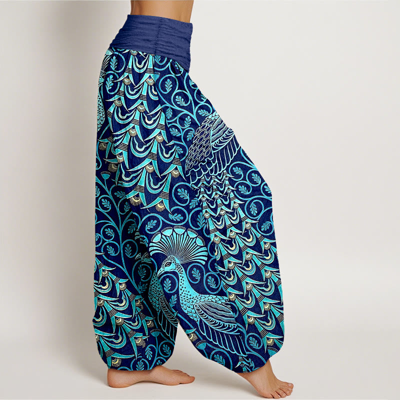 Buddha Stones Pantalones harem de mujer con cintura elástica y estampado de plumas de pavo real, de algodón puro. - image 2
