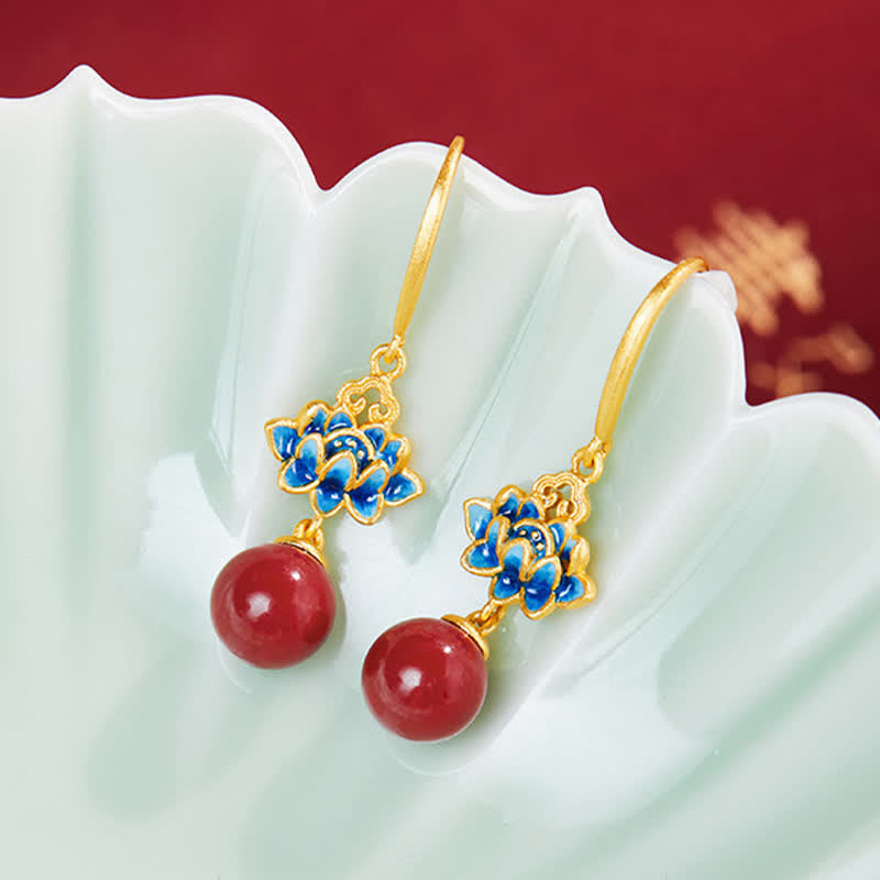 Buddha Stones Pendientes colgantes de loto esmaltados en plata de ley 925 con cinabrio - image 2