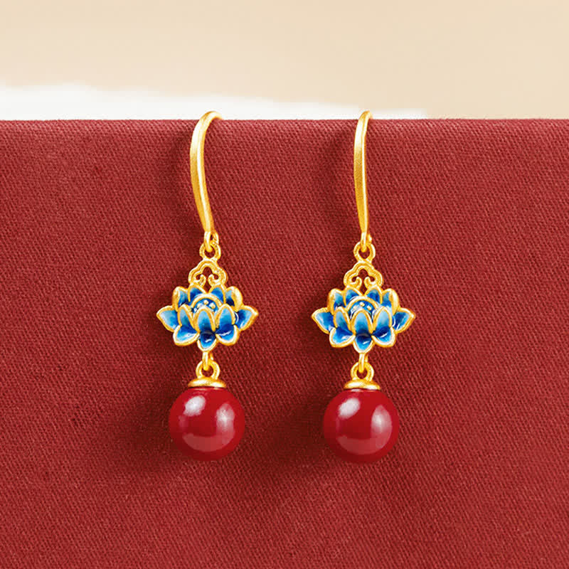 Buddha Stones Pendientes colgantes de loto esmaltados en plata de ley 925 con cinabrio - image 3