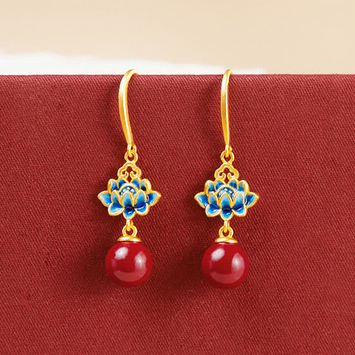 Buddha Stones Pendientes colgantes de loto esmaltados en plata de ley 925 con cinabrio - image 3