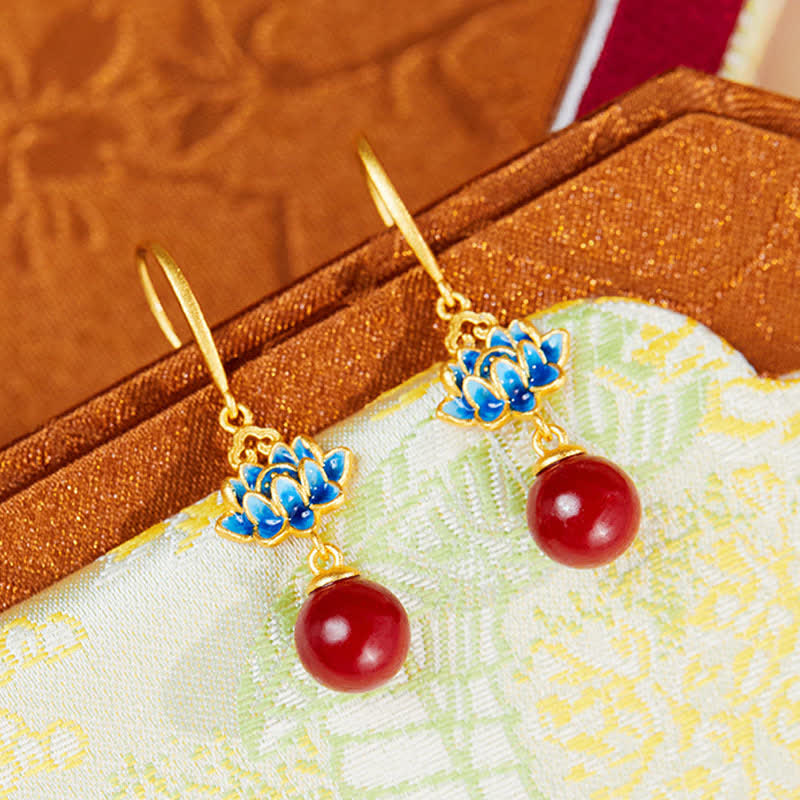 Buddha Stones Pendientes colgantes de loto esmaltados en plata de ley 925 con cinabrio - image 1