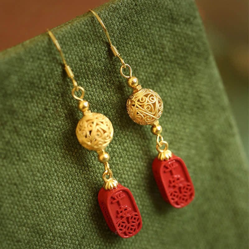 Buddha Stones Pendientes colgantes de filigrana de cobre cinabrio con diseño de bendición - Postes de cinabrio (cobre) - image 0