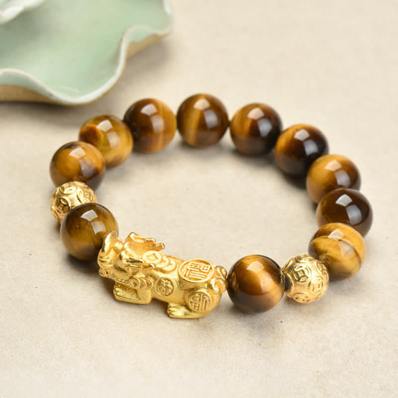 Buddha Stones Pulsera de cuentas de coraje con el personaje Pixiu Fu de ojo de tigre natural Om Mani Padme Hum - image 1