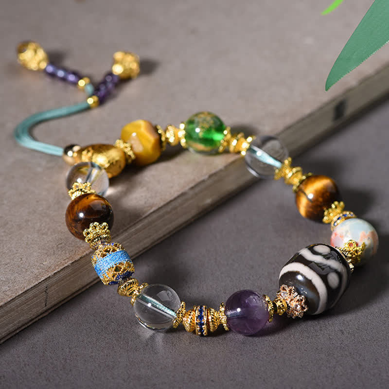 Buddha Stones Pulsera de salud con cuentas Dzi naturales de amatista y ojo de tigre - image 4