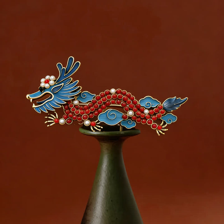Buddha Stones Broche de la suerte de dragón azul y turquesa roja - Dragón azul 7,4*3,3 cm - image 0