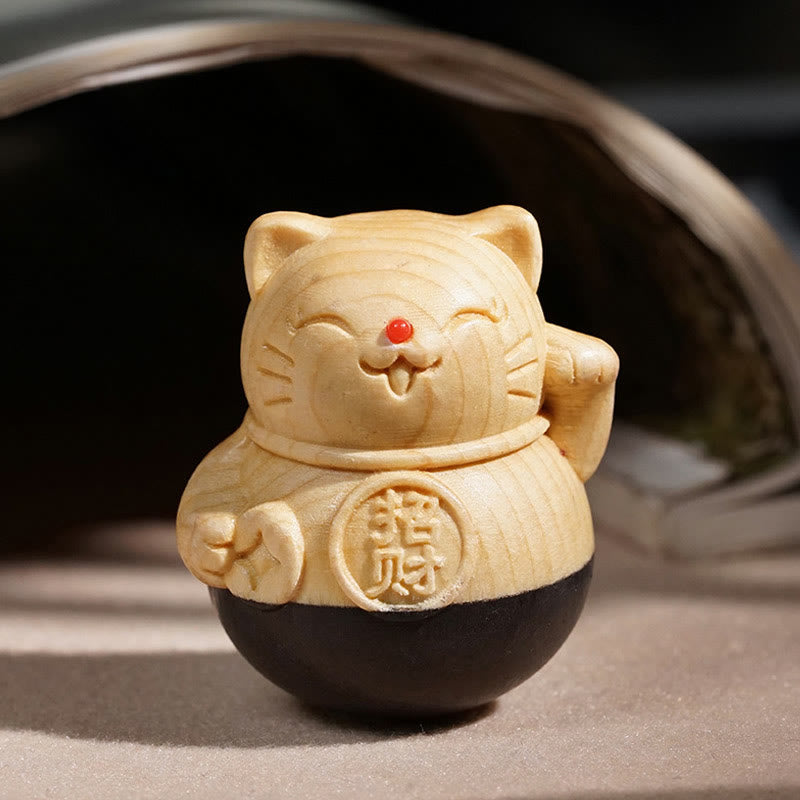 Buddha Stones Mini gato de la suerte para atraer la riqueza, tallado en madera de haya ébano, decoración protectora de 4,7*4 cm. - image 1