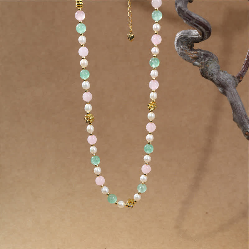 Buddha Stones Collar de la paz con cuentas de perlas de cuarzo rosa natural verde fresa - image 8