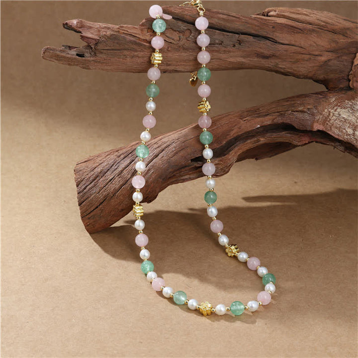 Buddha Stones Collar de la paz con cuentas de perlas de cuarzo rosa natural verde fresa - image 9
