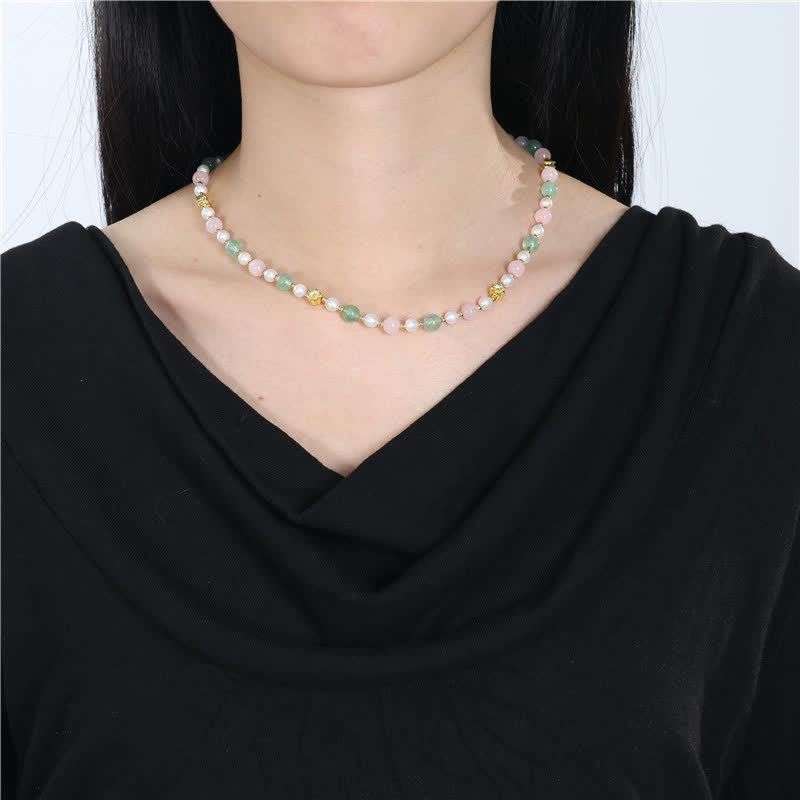 Buddha Stones Collar de la paz con cuentas de perlas de cuarzo rosa natural verde fresa - image 4