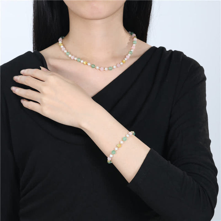 Buddha Stones Collar de la paz con cuentas de perlas de cuarzo rosa natural verde fresa - image 11