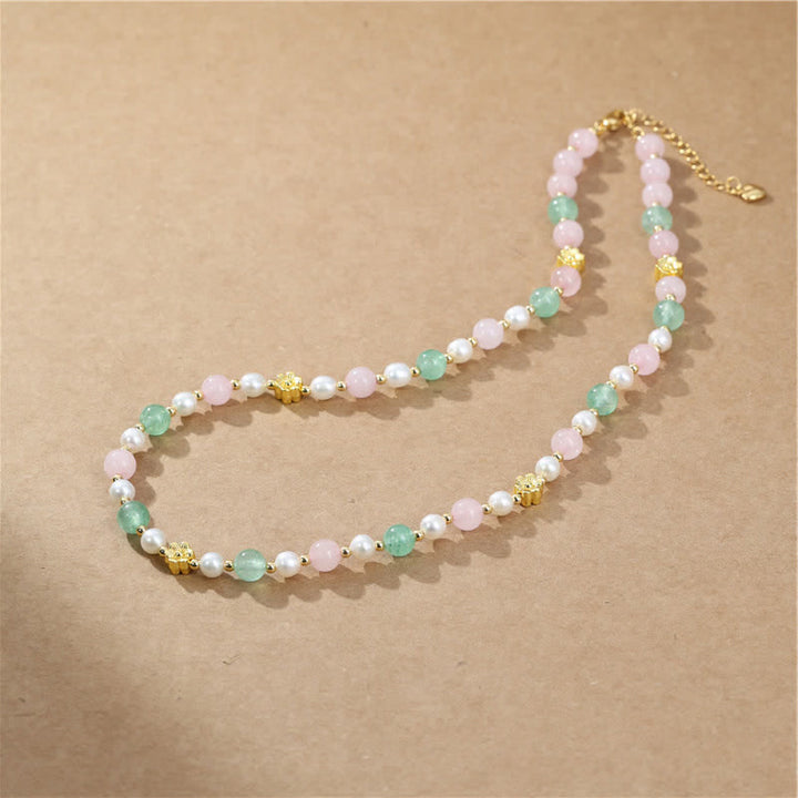 Buddha Stones Collar de la paz con cuentas de perlas de cuarzo rosa natural verde fresa - image 2