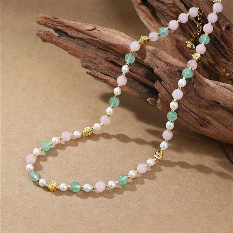 Buddha Stones Collar de la paz con cuentas de perlas de cuarzo rosa natural verde fresa - image 3