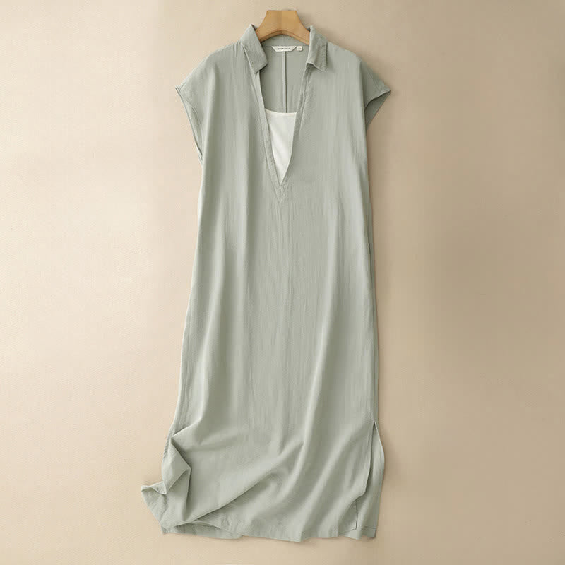 Buddha Stones Vestido de verano minimalista sin mangas para mujer con abertura lateral y bolsillo. - Verde mar oscuro - US14，UK/AU18，EU46 (2XL) - image 0
