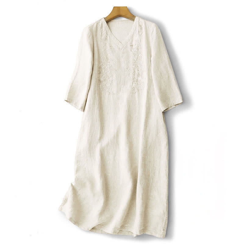Buddha Stones Vestido de verano para mujer de manga corta, liso, con bordados y bolsillos. - Beige - US12, UK/AU16, EU44 (2XL) - image 7