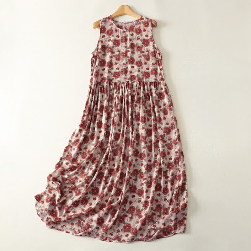 Buddha Stones Vestido de verano sin mangas de gasa con estampado floral y bolsillos para mujer. - Blanco antiguo - US12, UK/AU16, EU44 (2XL) - image 0