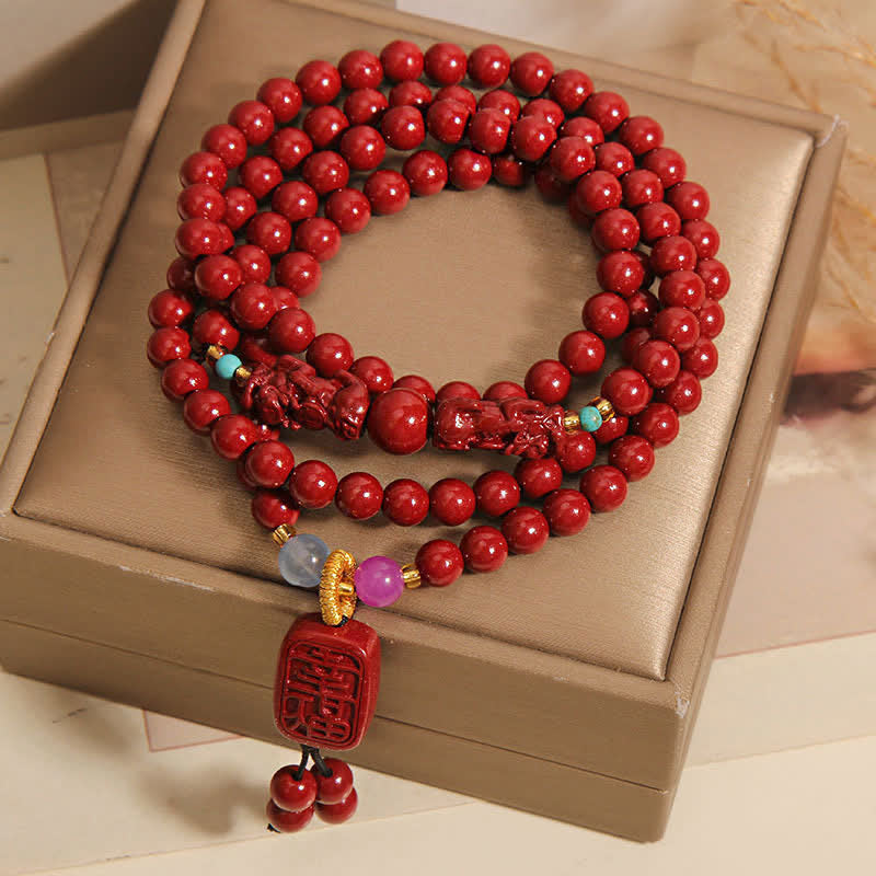 Buddha Stones Mala tibetana de 108 cuentas de cinabrio Pixiu para la buena suerte - image 8