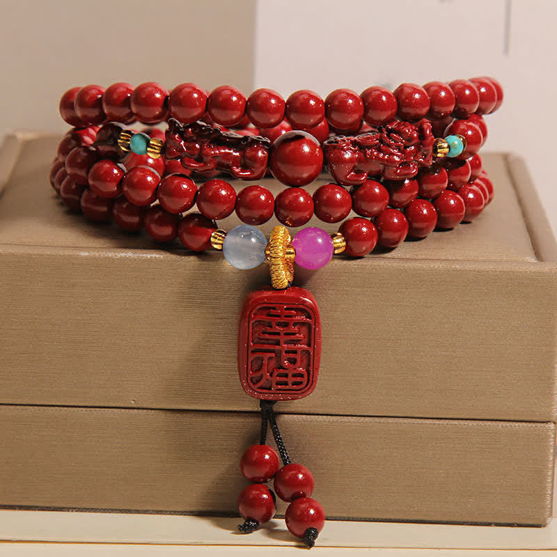 Buddha Stones Mala tibetana de 108 cuentas de cinabrio Pixiu para la buena suerte - Cinabrio (Circunferencia de la muñeca: 16-18 cm) - image 0