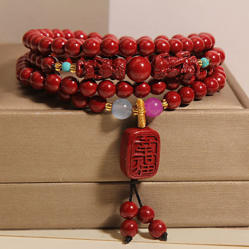 Buddha Stones Mala tibetana de 108 cuentas de cinabrio Pixiu para la buena suerte - image 1