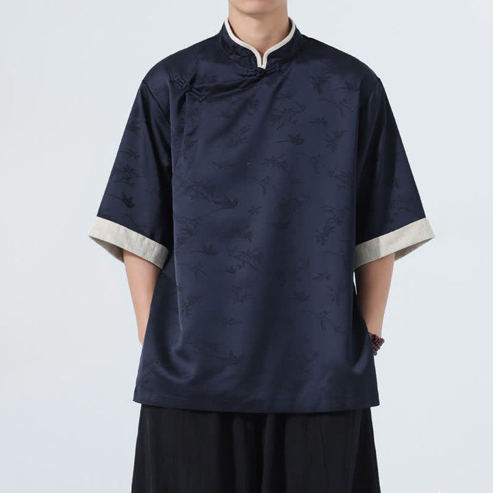 Buddha Stones Camisas de manga hasta el codo para hombre, estilo Summer Tang, con cuello mandarín y botones de rana. - Azul medianoche - US/UK/AU48，EU58(5XL) - image 0