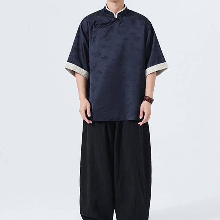 Buddha Stones Camisas de manga hasta el codo para hombre, estilo Summer Tang, con cuello mandarín y botones de rana. - image 2
