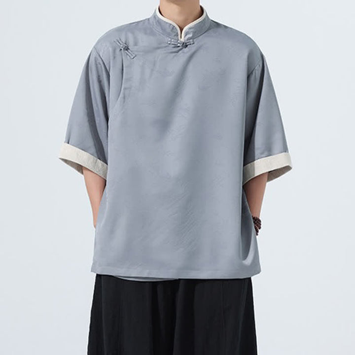 Buddha Stones Camisas de manga hasta el codo para hombre, estilo Summer Tang, con cuello mandarín y botones de rana. - Gris pizarra claro - US/UK/AU48，EU58(5XL) - image 16