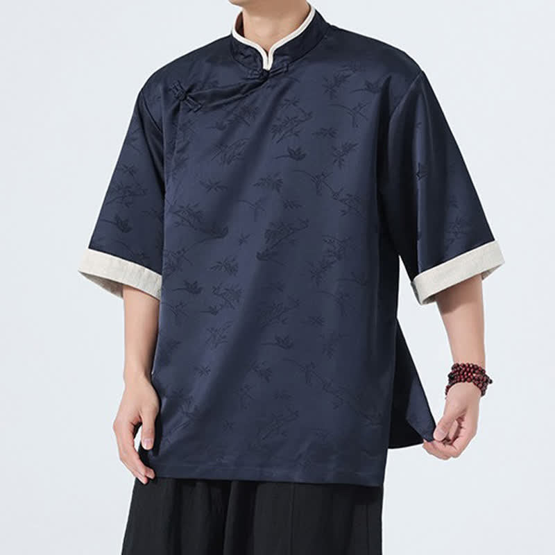 Buddha Stones Camisas de manga hasta el codo para hombre, estilo Summer Tang, con cuello mandarín y botones de rana. - image 1