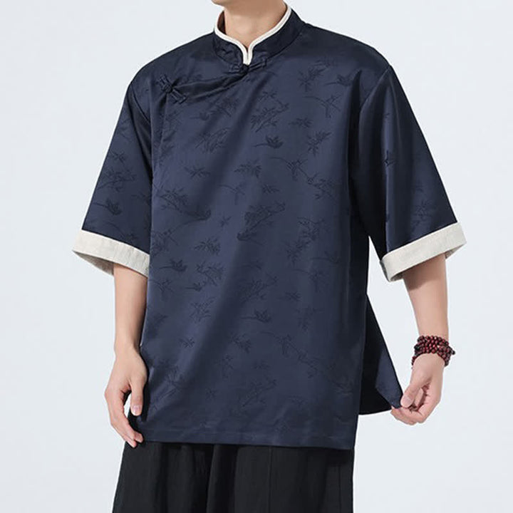 Buddha Stones Camisas de manga hasta el codo para hombre, estilo Summer Tang, con cuello mandarín y botones de rana. - image 1