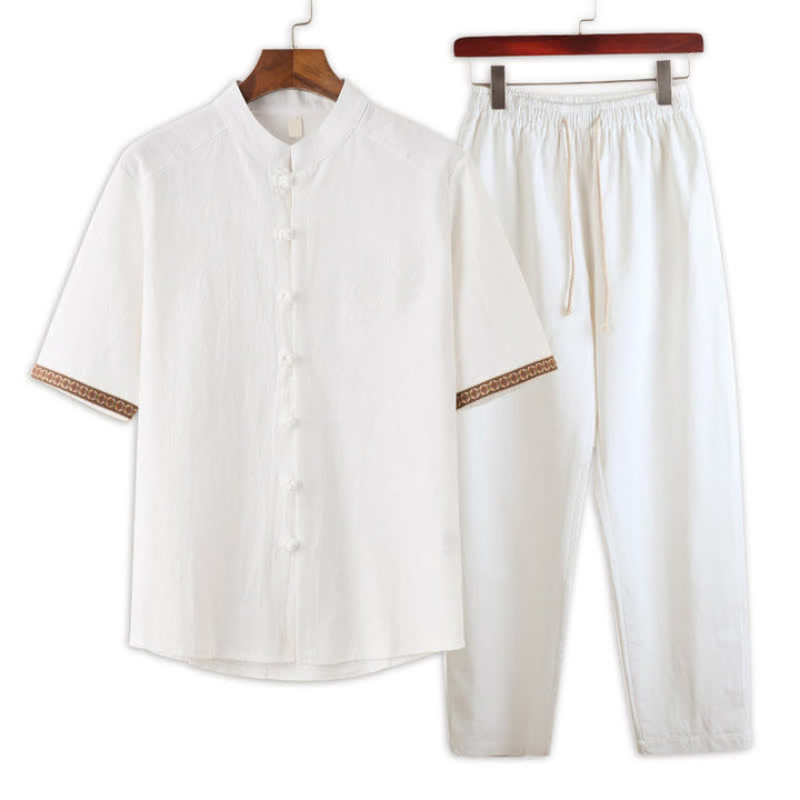 Buddha Stones Conjunto de verano de 2 piezas: camisa de manga corta con cuello mandarín y botones de rana, pantalón harem, ropa de meditación para hombre con bolsillos. - Blanco - US/UK/AU46, EU56 (5XL) - image 10