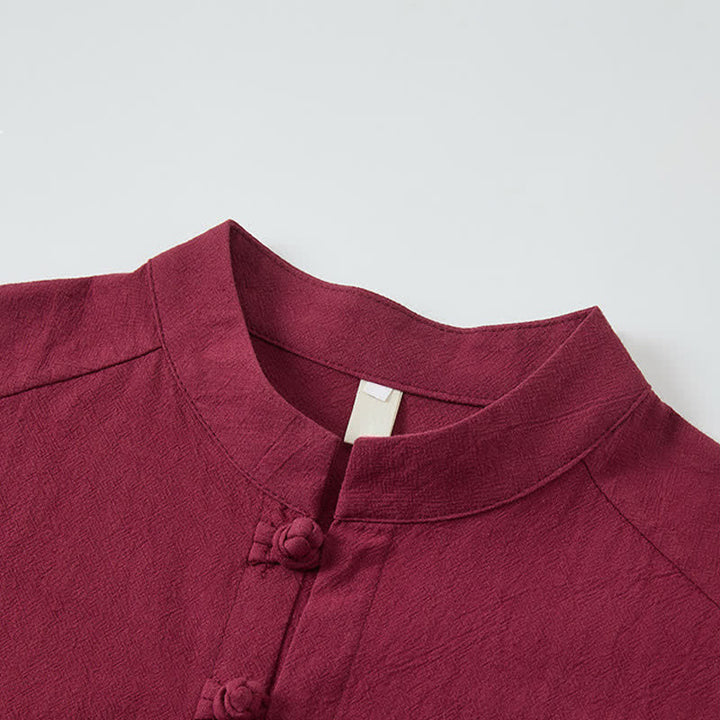 Buddha Stones Conjunto de verano de 2 piezas: camisa de manga corta con cuello mandarín y botones de rana, pantalón harem, ropa de meditación para hombre con bolsillos. - image 2